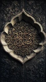 Intricate Arabic calligraphy rests in an ornate stone medallion