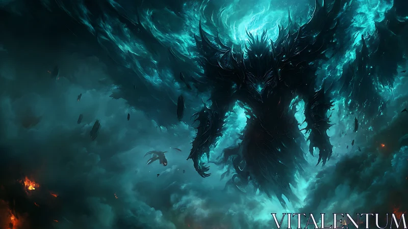 Winged shadow figure in teal storm cloud environment.