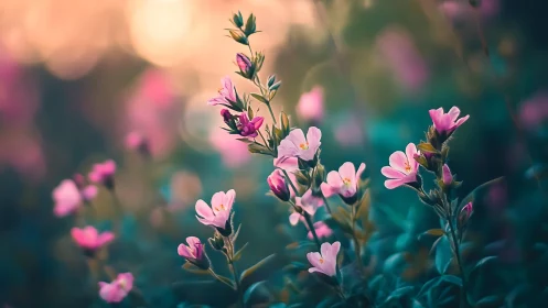 Pink wildflowers in soft sunset garden background scene.