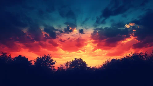 High-contrast sunset sky with saturated red-blue gradient clouds