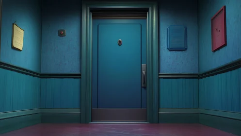 Blue apartment corridor with closed teal front door.