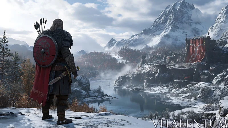 Viking sentry surveying fortified fjord stronghold in winter.