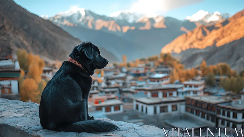 Mountain village sunrise with a thoughtful black dog friend.