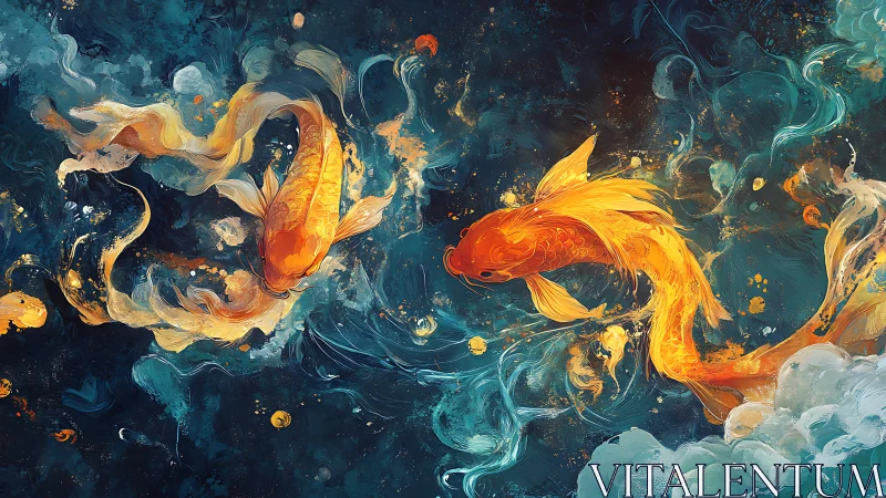 Paired orange koi in swirling abstract aquatic space.