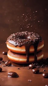 Stacked donuts drip in rich chocolate with falling crumbs.