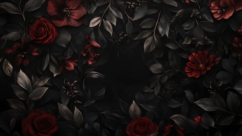 Dark floral composition with red roses against black background.