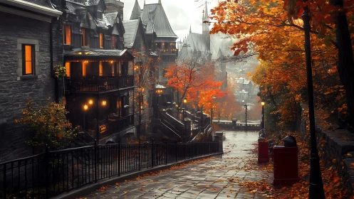 Digital painting of misty autumn alley with warm city lights.