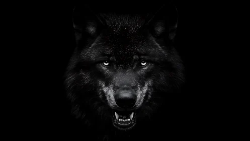 Black wolf head portrait on dark background, bared teeth.