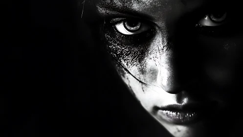High-contrast monochrome portrait with textured ocular focus.
