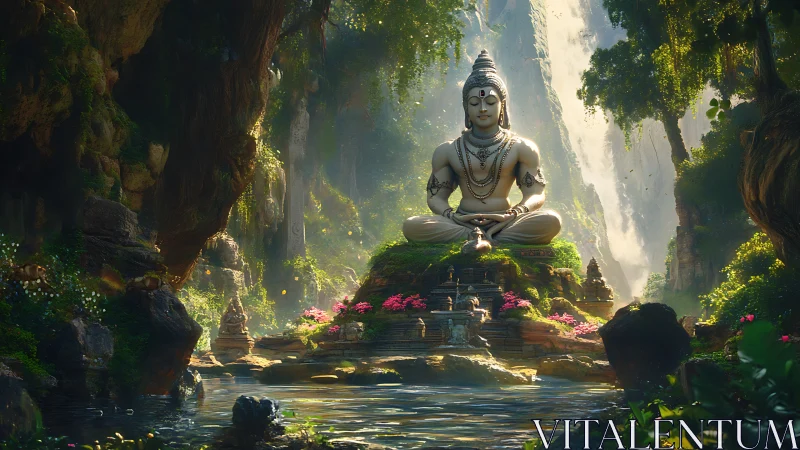 Majestic Shiva statue in luminous jungle waterfall sanctuary.