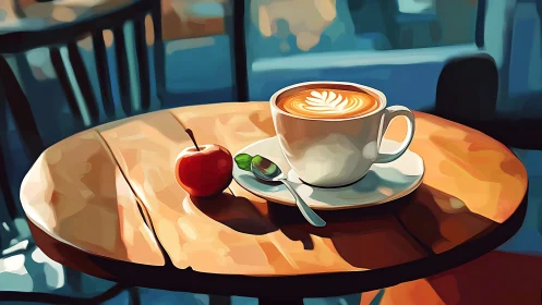 Latte art and candied apple on sunlit café table.