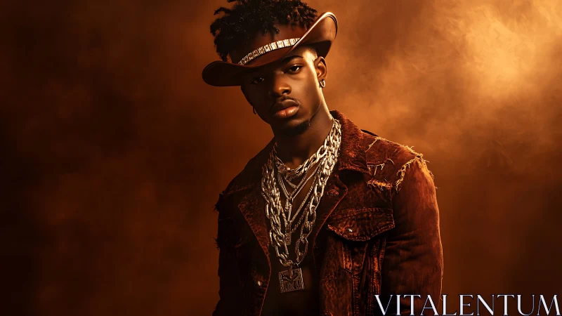 Stylized cowboy portrait merges urban jewelry with cinematic light