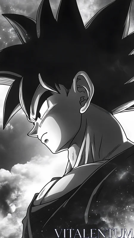 Monochrome anime warrior profile against cloudy sky.