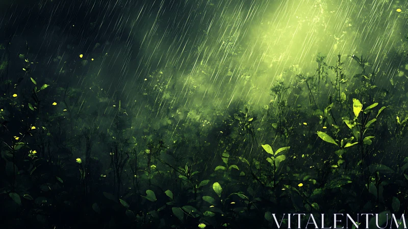 Digital painting of luminous rainlit undergrowth in forest storm.