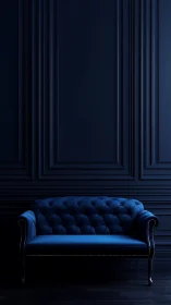 Deep blue velvet sofa in a calm, softly lit room.
