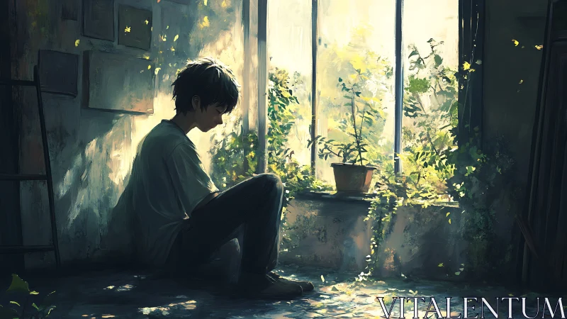 Solitary boy by sunlit window in overgrown quiet room.