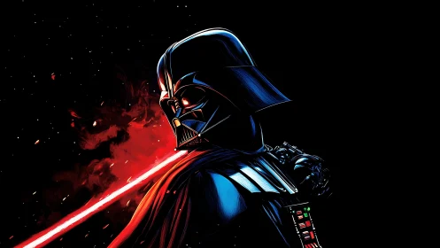 Dark warlord portrait with blazing red energy blade.