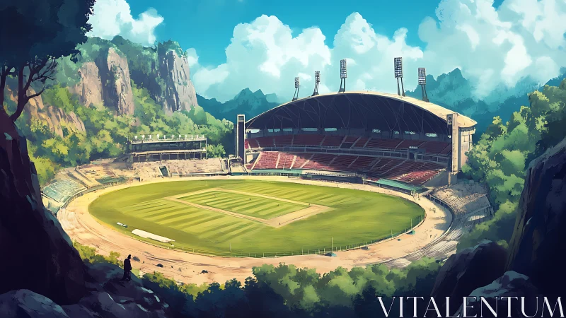 Mountain valley cricket stadium under clear blue sky.