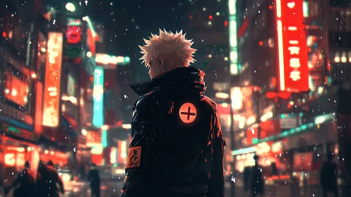 Mystery wanderer in neon city streets on a soft snowy night.