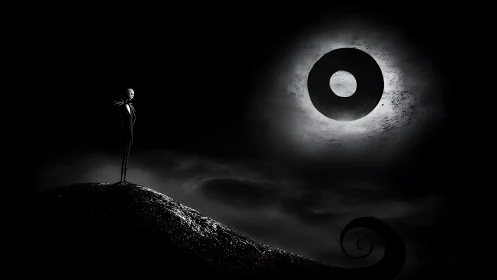 Skeleton figure stands on curled hill under circular moon