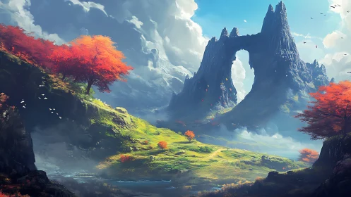 Rock arch mountains over bright valley with red trees.