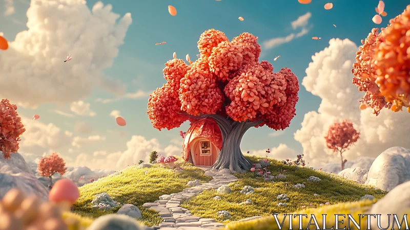 Tree-roofed small house on grassy hill under clouded sky.