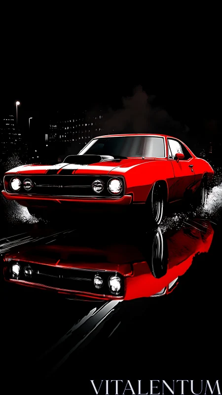 Red muscle car night drift with wet asphalt reflections rendered