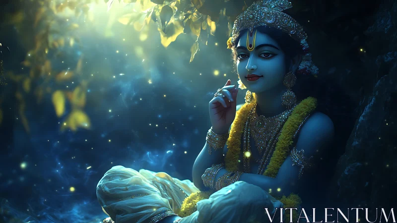 Gentle blue deity rests beneath glowing forest light