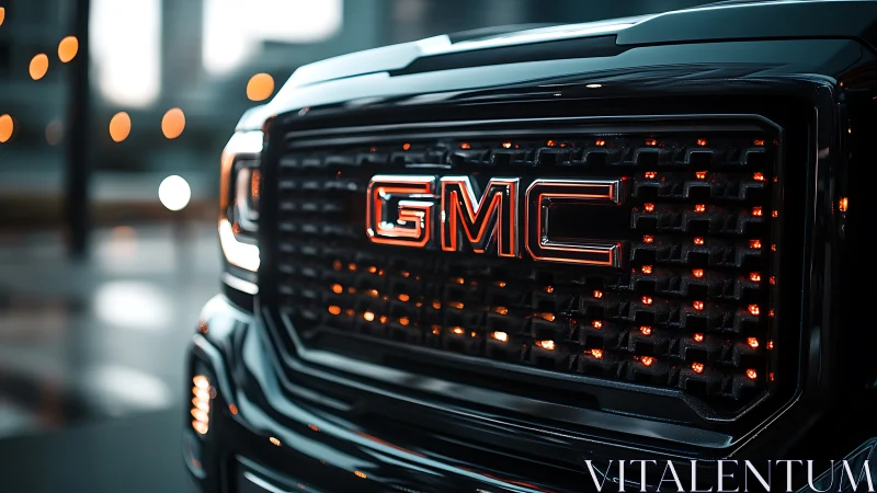 GMC truck grille glows with red LED accents in urban night