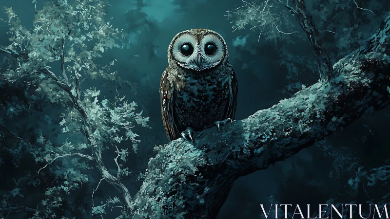 Mysterious Owl Perched on Forest Branch in Moody Night Scene.