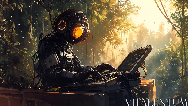 Curious forest robot quietly working at a glowing laptop.