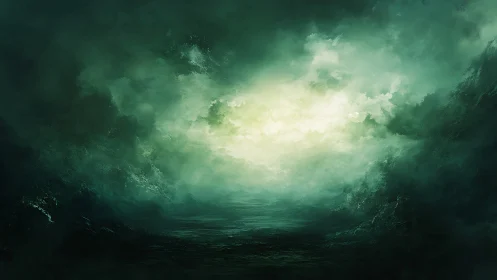 Misty emerald seascape opens toward a quiet, glowing horizon
