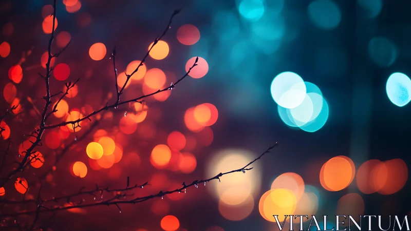 Delicate Branch Silhouette with Colorful Bokeh Lights in Abstract Style.