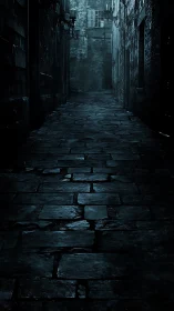 Midnight cobblestone alley wrapped in quiet blue shadows.