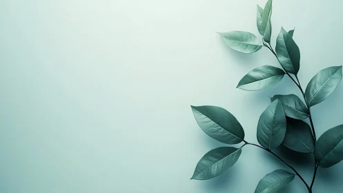 Green leaf branch rests on soft pastel blue background