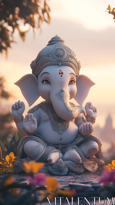 Gentle sunrise crowns serene baby Ganesha in jeweled calm