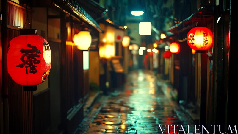 Rainy narrow alley with red Japanese lanterns at night.