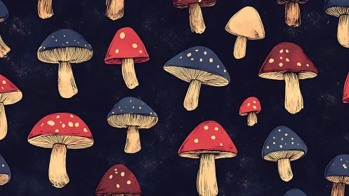 Whimsical stylized mushroom pattern on deep night ground.