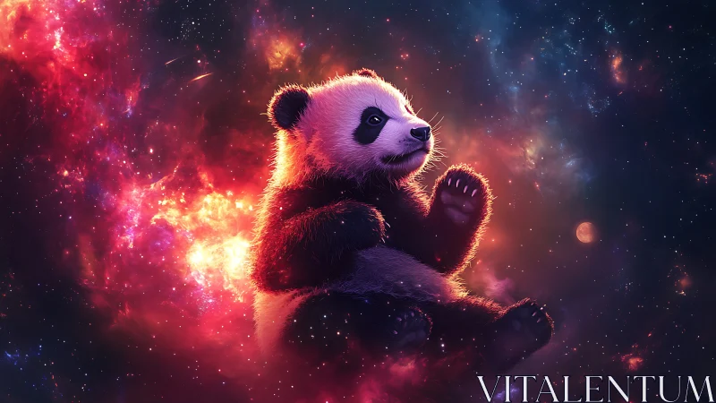 Digital rendering shows panda floating against nebula field
