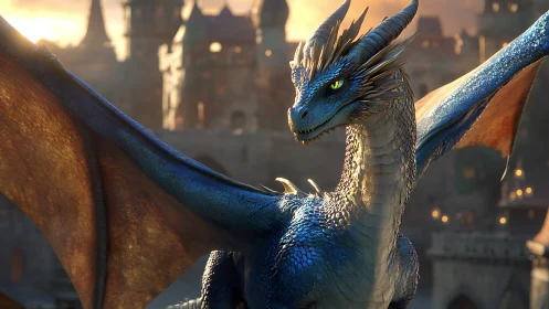 Blue dragon stands in front of medieval stone city walls