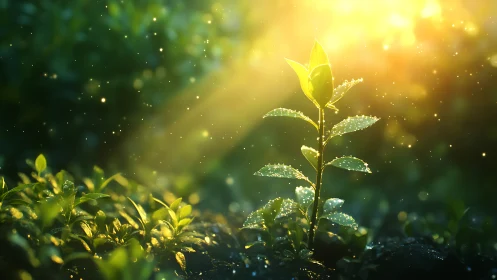 Young plant sprout in sunlight with dewdrops, vibrant nature scene.