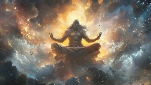 Cosmic ascendant yogi in stellar cloud convergence field.