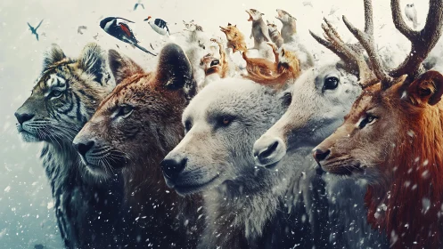 Symmetrical winter wildlife lineup with multi-species portraiture