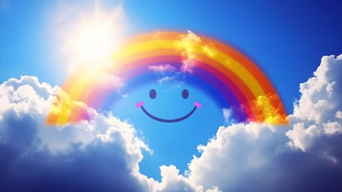 Digital rainbow arc with stylized face spans cloudy sky