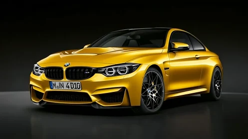 Golden performance coupe rendered in high-gloss digital form