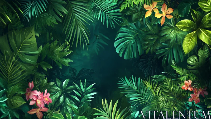 Dense tropical foliage border with central dark void space.