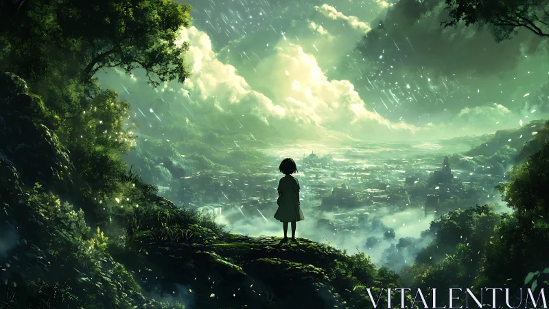 Solitary child overlooks luminous rain-soaked valley city