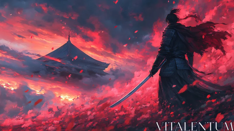 Lone samurai faces distant temple in burning red sky.
