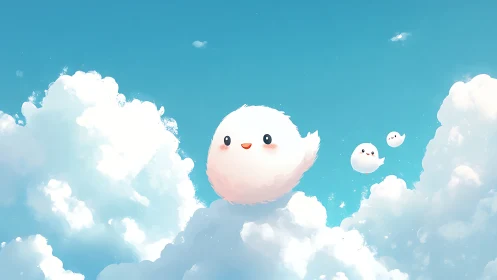 Cute fluffy cloud creatures floating in bright blue sky.