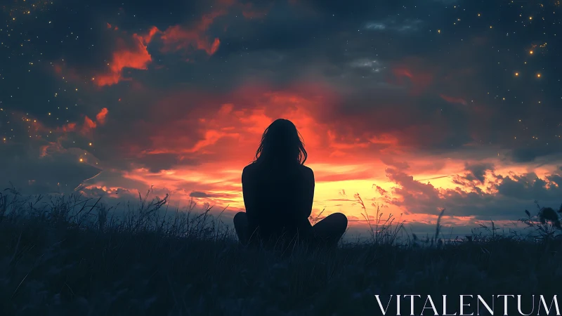 Silhouette watches a blazing cosmic sunset in quiet solitude